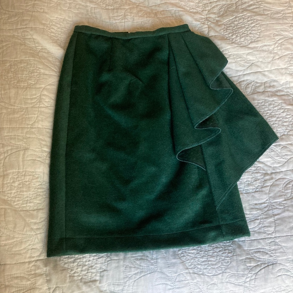 Green Fitted Wool Pencil Skirt with Flounce, Size S